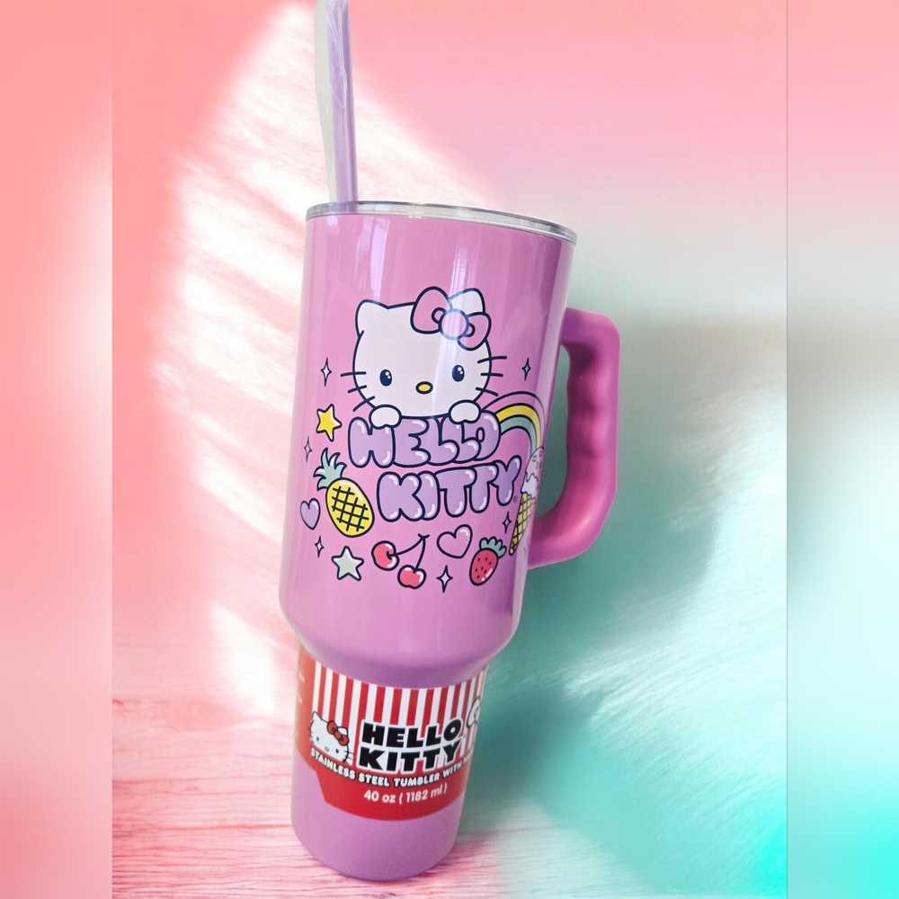 NEW Hello Kitty Sanrio 40oz. Stainless Steel Tumbler with Handle and Straw Pink - Picture 2 of 3